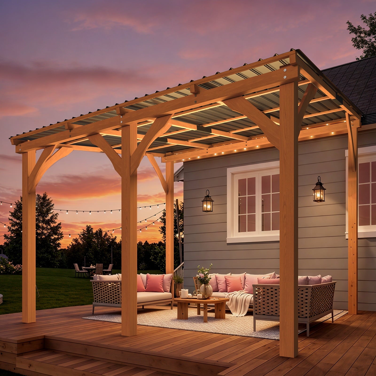 Mazonvintage 10' x 10' Wall-Mounted Outdoor Wood Gazebo, Hardtop Cedar Pergola with Heavy-Duty Awnings for Patio, Deck, Backyard