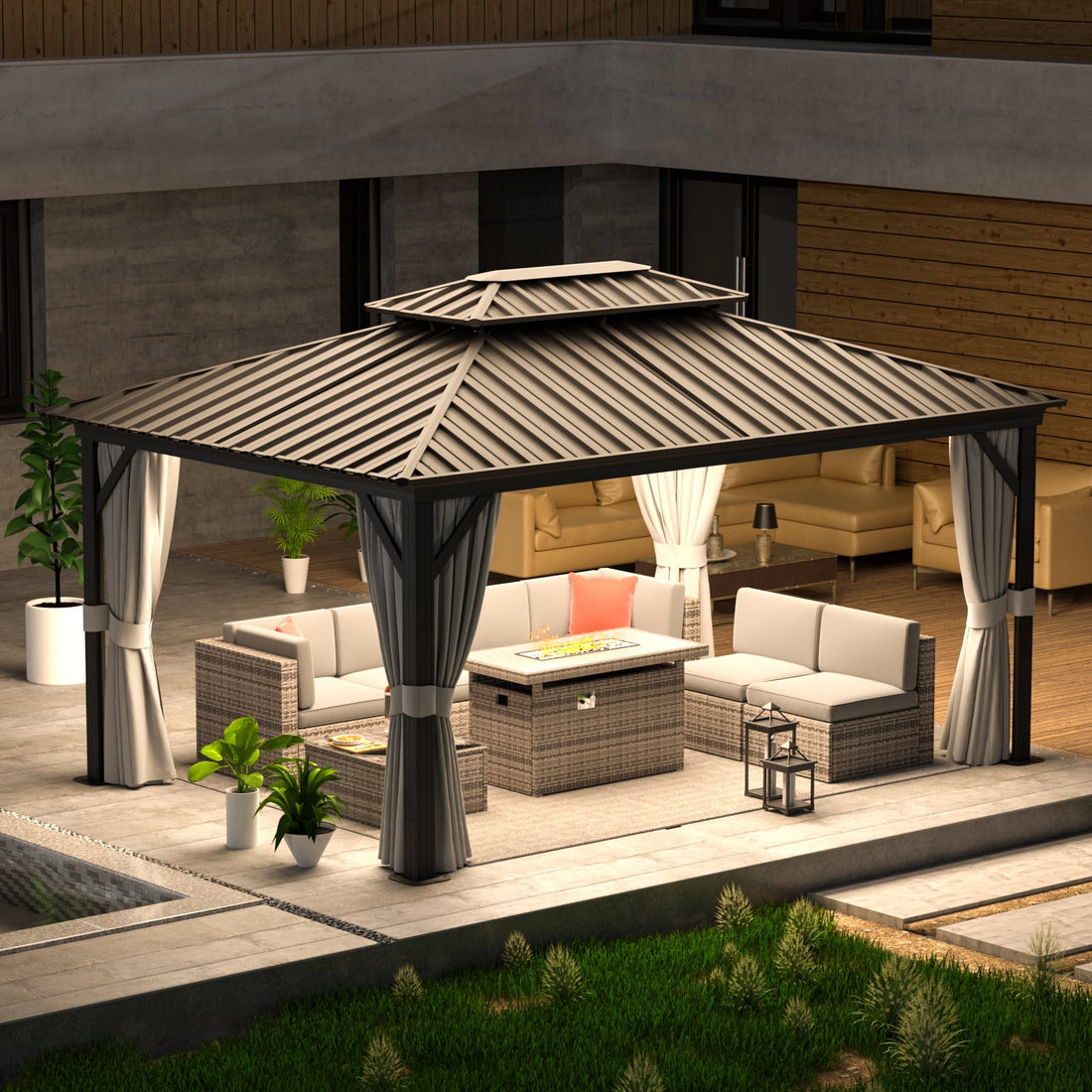 Mazonvintage 12'x16’Outdoor Hardtop Gazebo, Galvanized  Double Roof Aluminum Pavilion with Netting and Curtains for Garden, Patio, Lawns, Gray