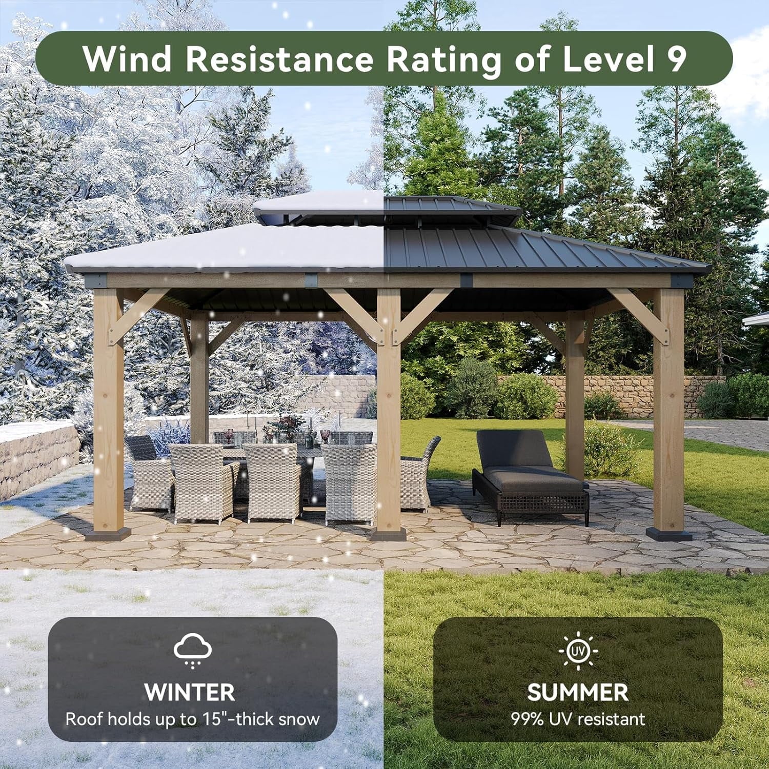 Mazonvintage 12' x 16' Outdoor Wood Gazebo, Hardtop Gazebo Permanent Wooden Pavilion with Galvanized Steel Double Roof, for Patio, Garden, Backyard, Cedar Wood