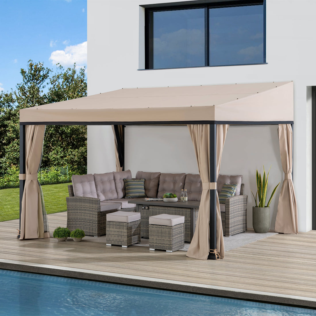 Mazonvintage 10x12 Fabric Roof Wall Mounted Gazebo, Lean to Gazebo with Curtain and Netting
