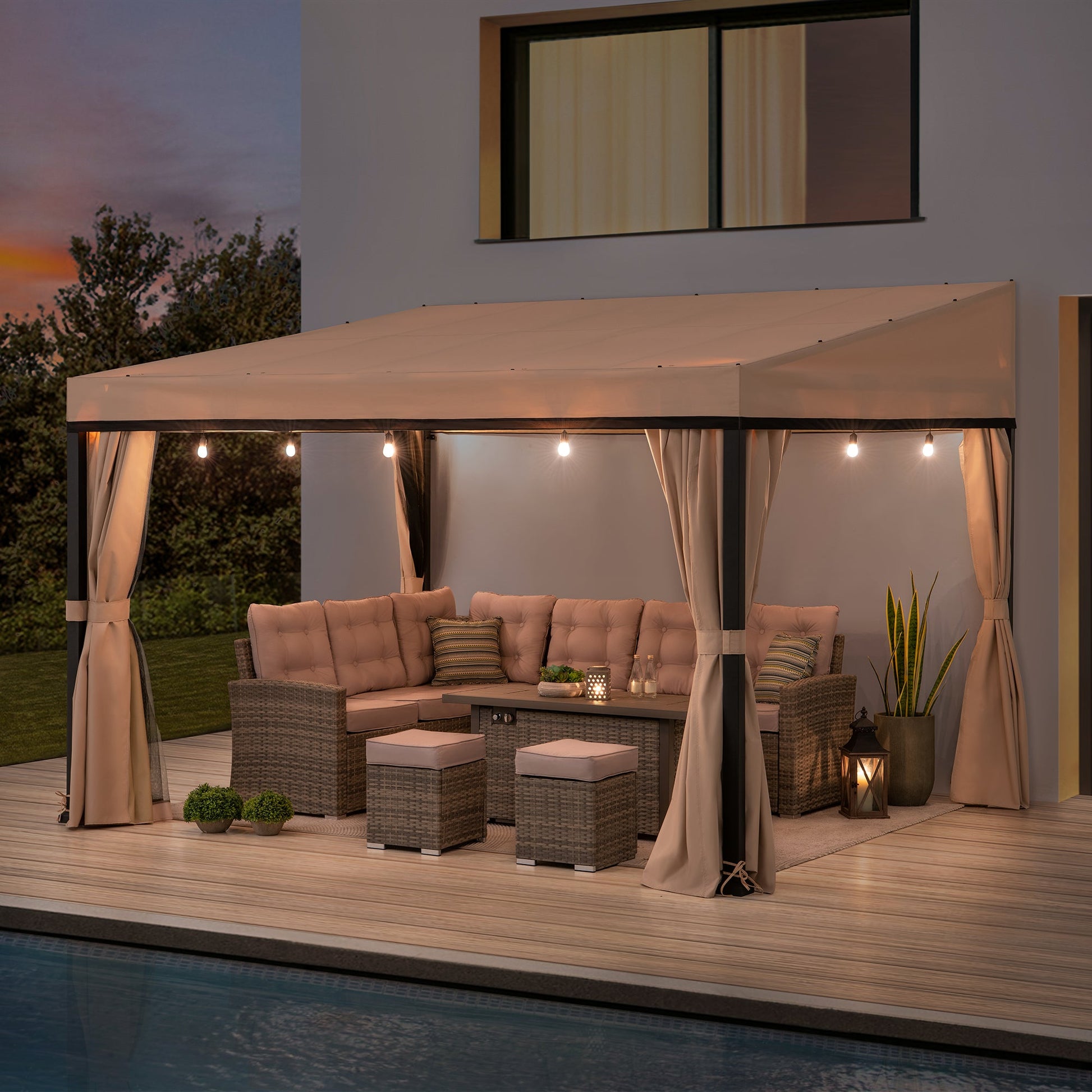 Mazonvintage 10x12 Fabric Roof Wall Mounted Gazebo, Lean to Gazebo with Curtain and Netting
