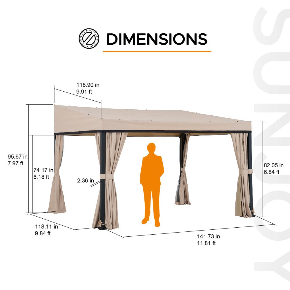 Mazonvintage 10x12 Fabric Roof Wall Mounted Gazebo, Lean to Gazebo with Curtain and Netting