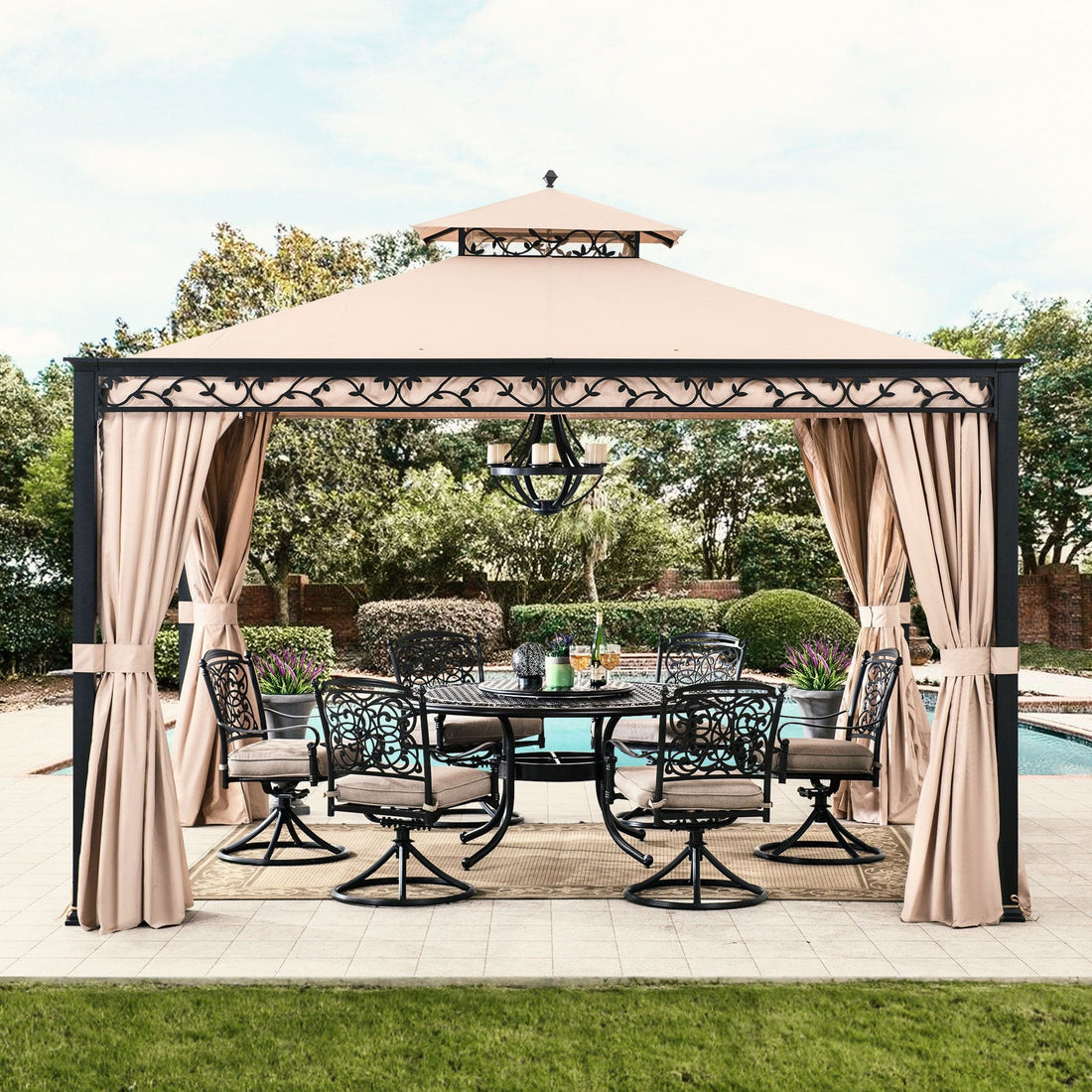 Mazonvintage 10x12 Steel Patio Gazebo with Netting and Curtain