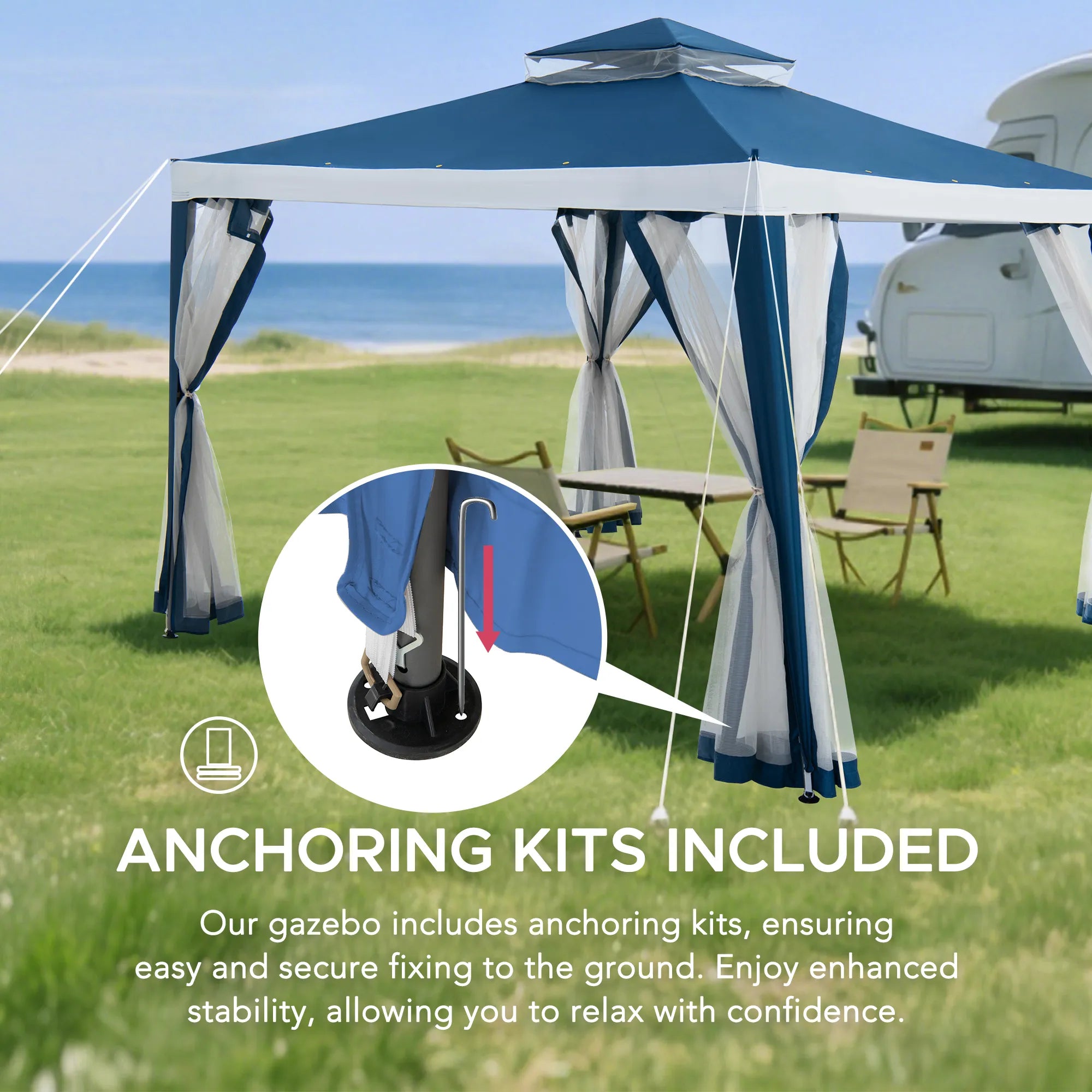 Mazonvintage10x10 Soft Top Gazebo with Mosquito Netting - Navy & White