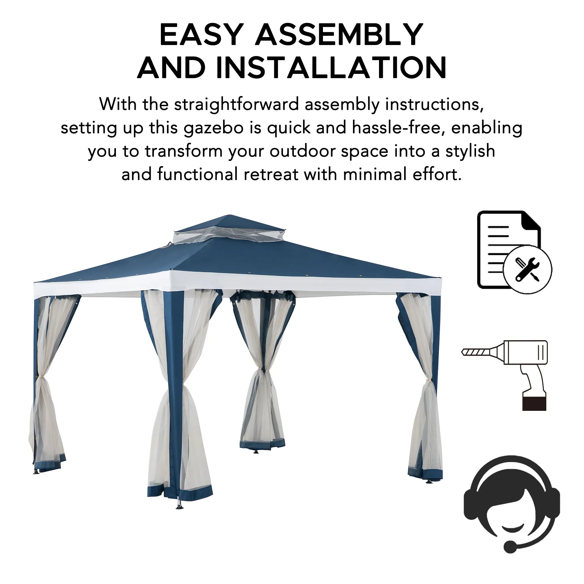 Mazonvintage10x10 Soft Top Gazebo with Mosquito Netting - Navy & White