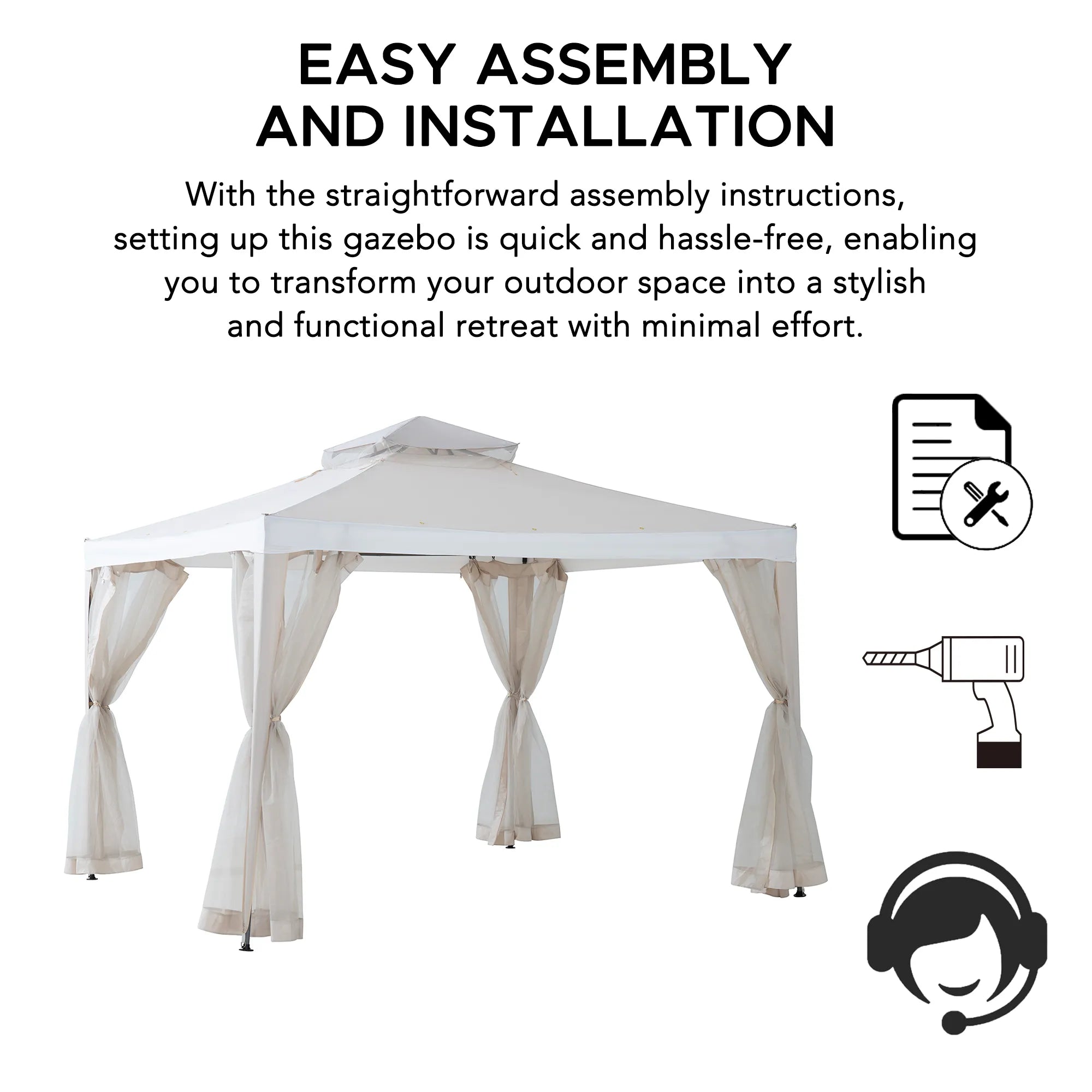 Mazonvintage10x10 Soft Top Gazebo with Mosquito Netting - Beige & White