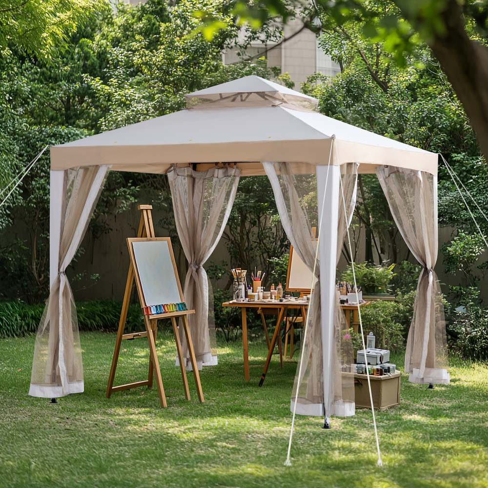 Mazonvintage8x8 Soft Top Gazebo with Mosquito Netting - Gray & Khaki