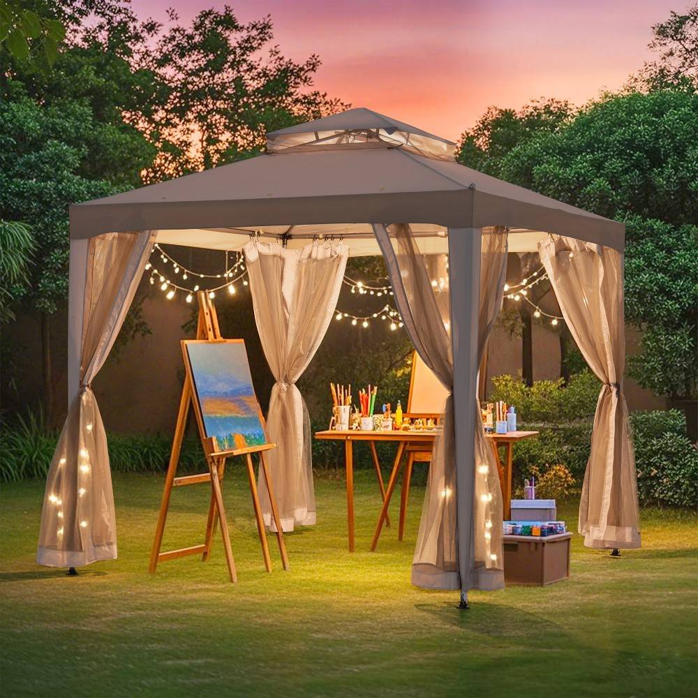 Mazonvintage8x8 Soft Top Gazebo with Mosquito Netting - Gray & Khaki