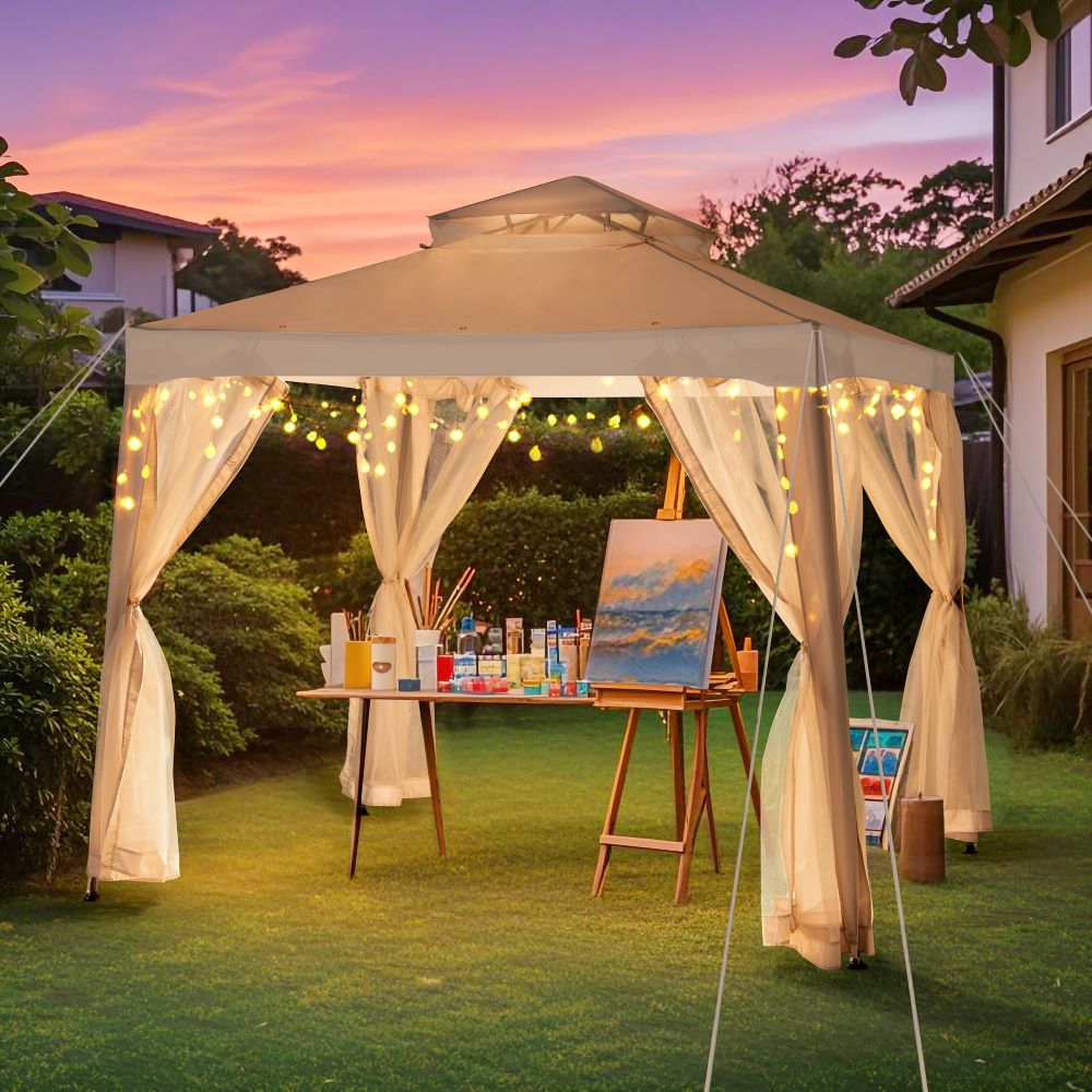 Mazonvintage8x8 Soft Top Gazebo with Mosquito Netting - Beige & White