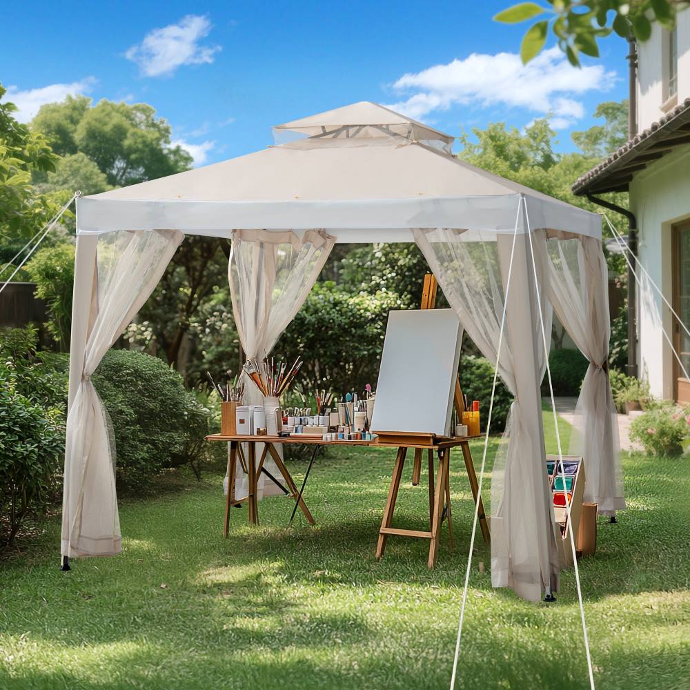Mazonvintage8x8 Soft Top Gazebo with Mosquito Netting - Beige & White