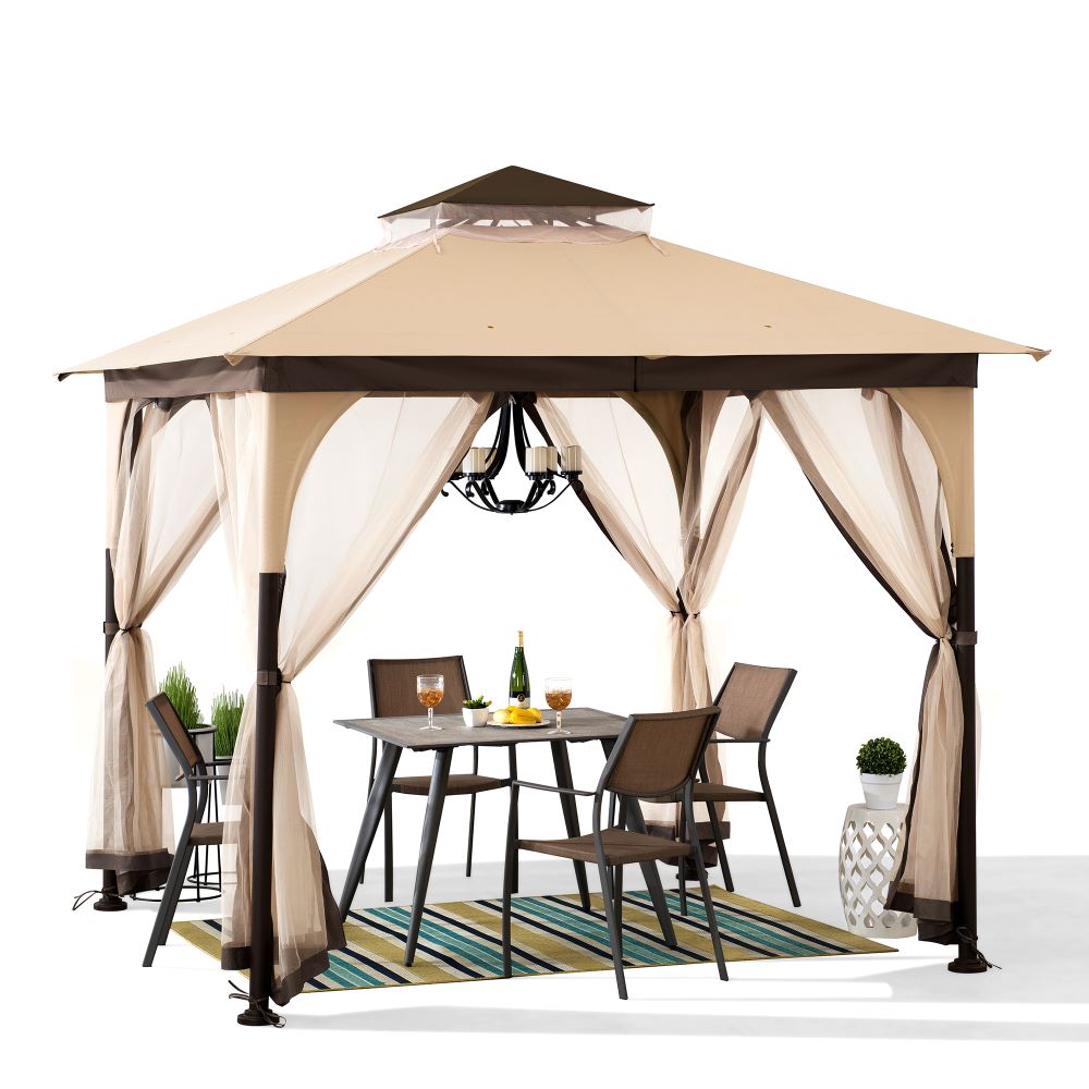 Mazonvintage 9x9 Soft Top Garden Gazebo with Mosquito Netting – Beige & Brown