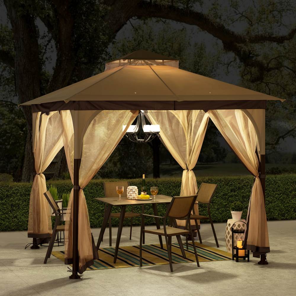Mazonvintage 9x9 Soft Top Garden Gazebo with Mosquito Netting – Beige & Brown