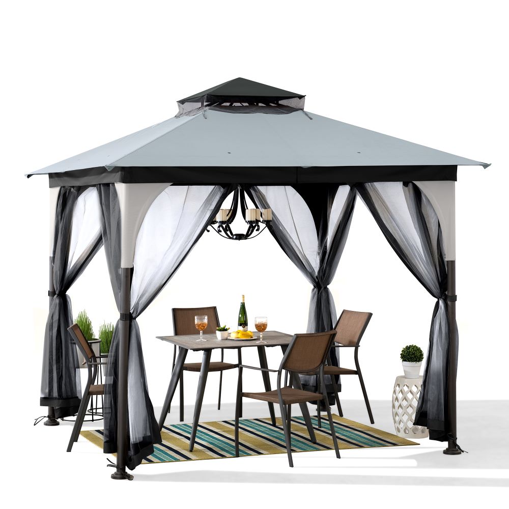 Mazonvintage 9x9 Soft Top Garden Gazebo with Mosquito Netting–Light Gray & Black