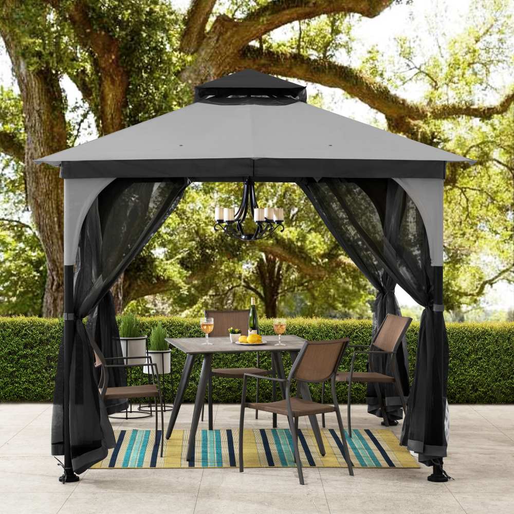 Mazonvintage 9x9 Soft Top Garden Gazebo with Mosquito Netting – Gray & Black