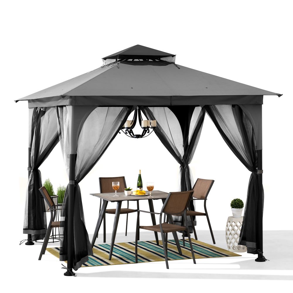 Mazonvintage 9x9 Soft Top Garden Gazebo with Mosquito Netting – Gray & Black