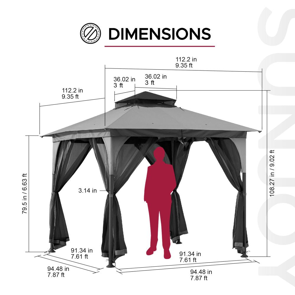 Mazonvintage 9x9 Soft Top Garden Gazebo with Mosquito Netting – Gray & Black