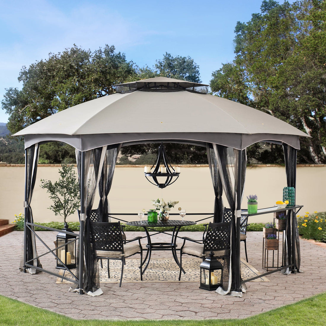 Mazonvintage 15x15 Hexagon Soft Top Gazebo with Netting and Bar Shelf