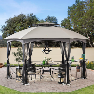Mazonvintage 15x15 Hexagon Soft Top Gazebo with Netting and Bar Shelf