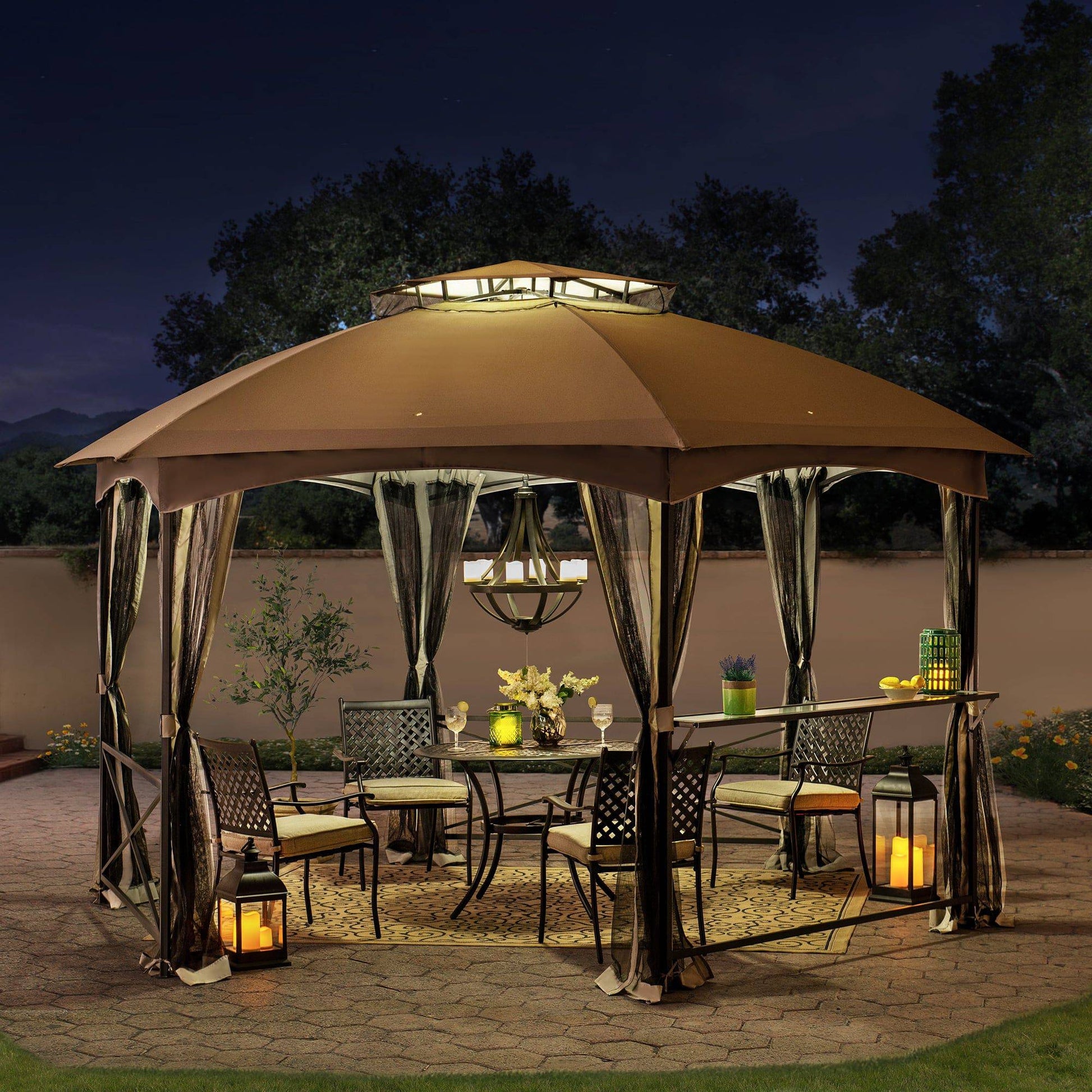 Mazonvintage 15x15 Hexagon Soft Top Gazebo with Netting and Bar Shelf