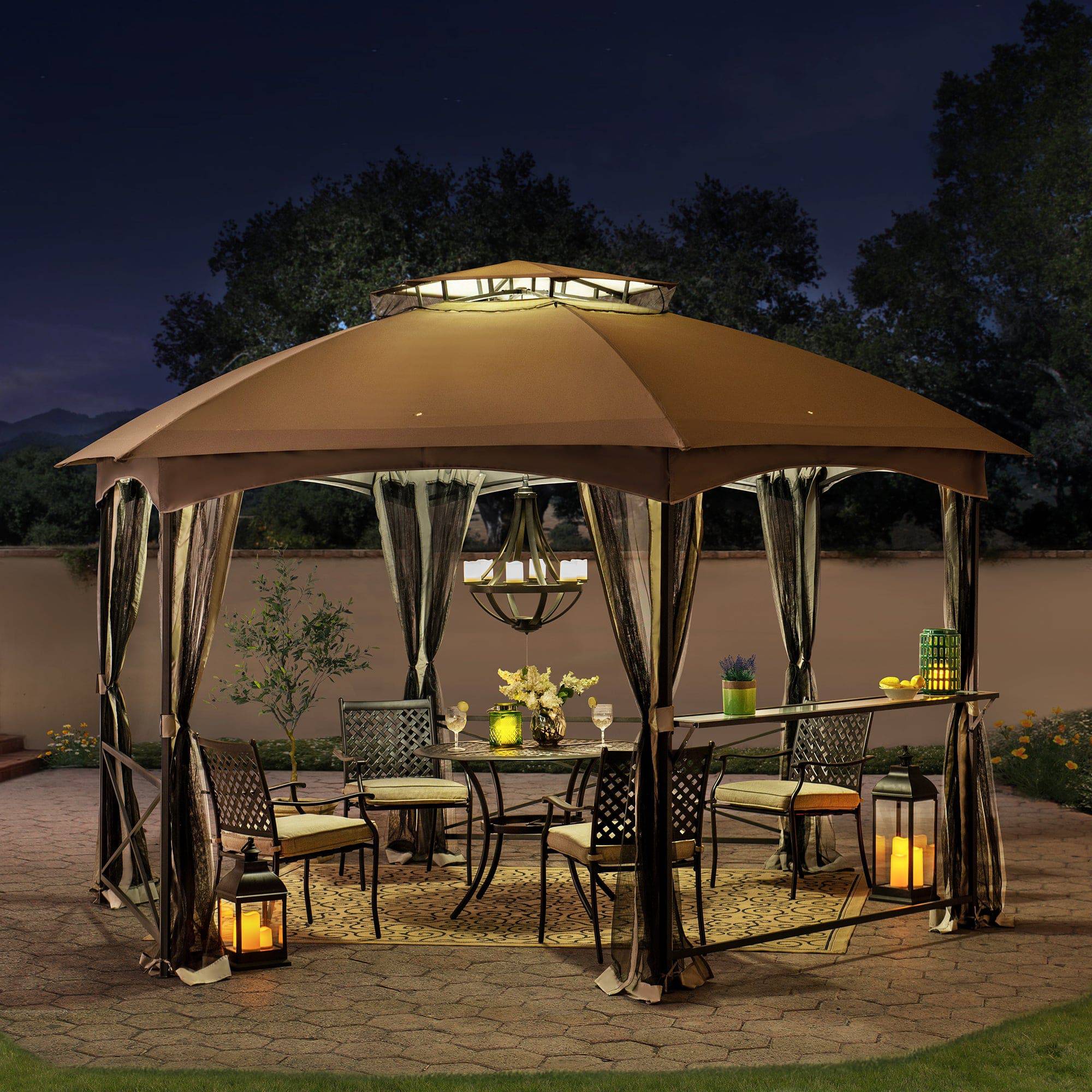 Mazonvintage 15x15 Hexagon Soft Top Gazebo with Netting and Bar Shelf