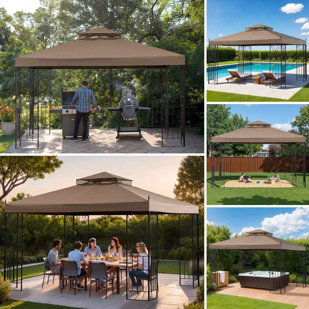 Mazonvintage 10x12 Steel Frame 2-Tier Soft Top Gazebo with Ceiling Hook