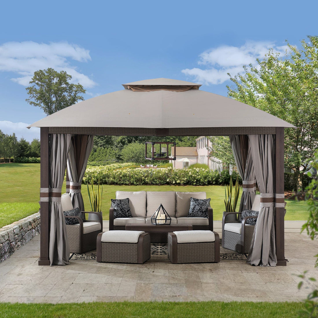 Mazonvintage Outdoor Patio Steel Frame 11x13 Gazebo 2-Tier Soft Top Gazebo with Netting and Curtains - Light Gray