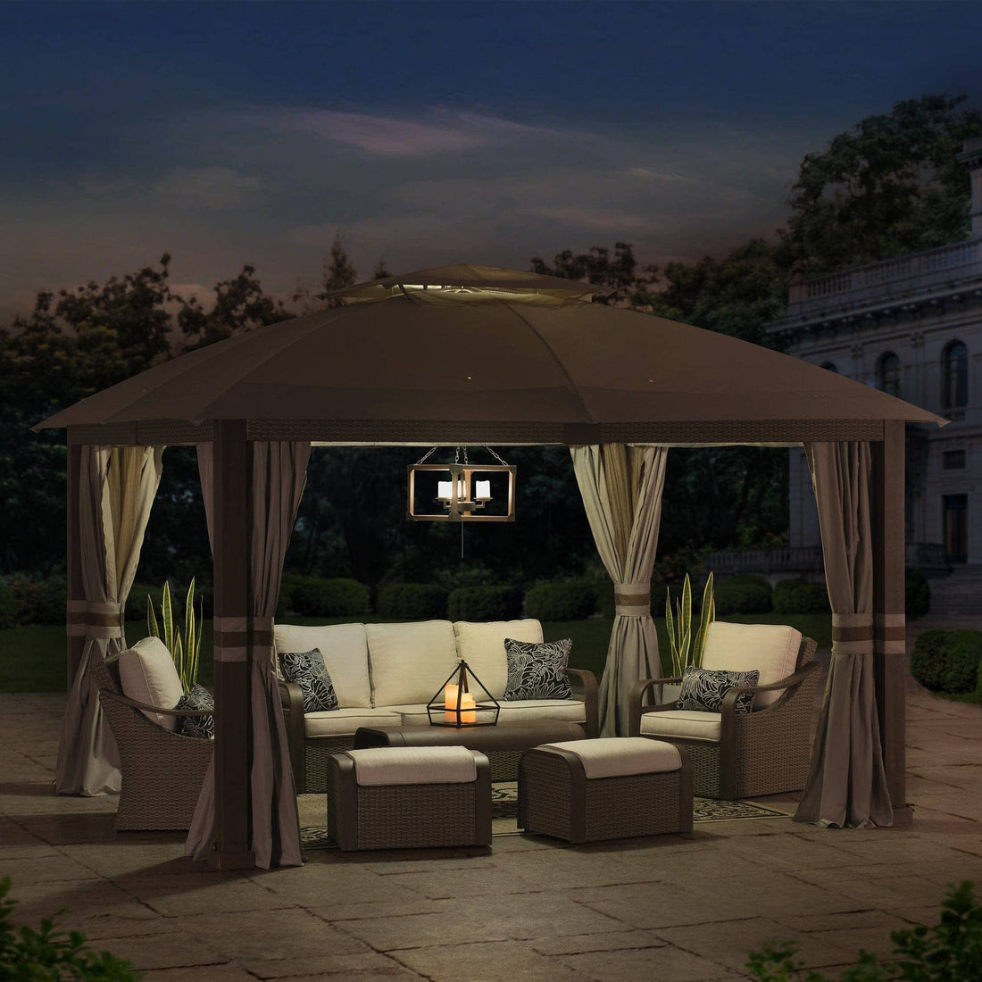 Mazonvintage Outdoor Patio Steel Frame 11x13 Gazebo 2-Tier Soft Top Gazebo with Netting and Curtains - Light Gray