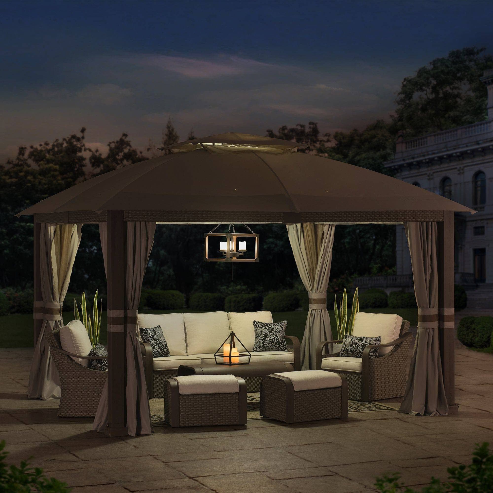 Mazonvintage Outdoor Patio Steel Frame 11x13 Gazebo 2-Tier Soft Top Gazebo with Netting and Curtains - Light Gray