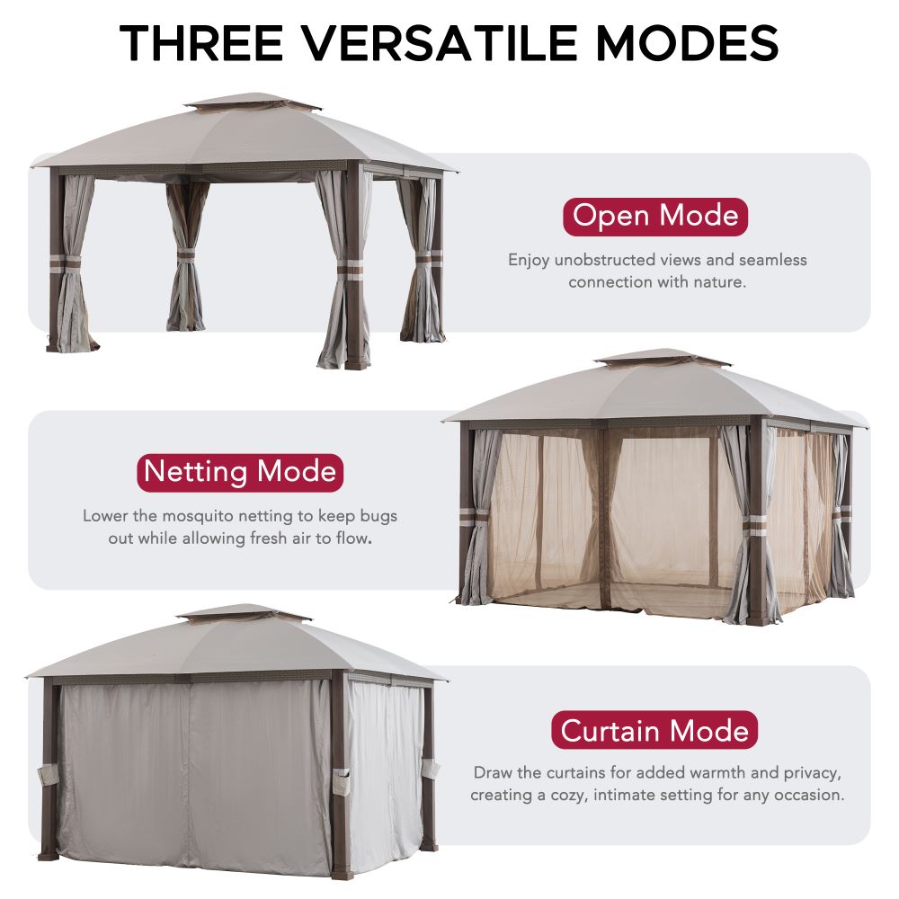 Mazonvintage Outdoor Patio Steel Frame 11x13 Gazebo 2-Tier Soft Top Gazebo with Netting and Curtains - Light Gray