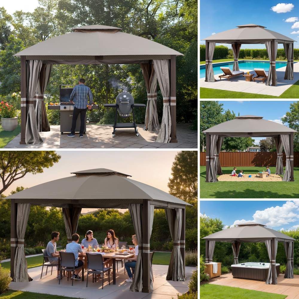 Mazonvintage Outdoor Patio Steel Frame 11x13 Gazebo 2-Tier Soft Top Gazebo with Netting and Curtains - Light Gray