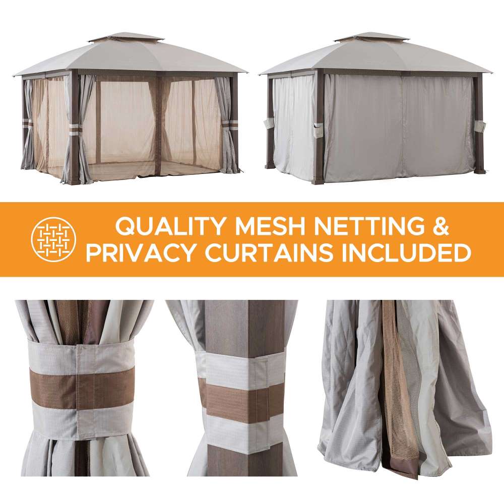 Mazonvintage Outdoor Patio Steel Frame 11x13 Gazebo 2-Tier Soft Top Gazebo with Netting and Curtains - Light Gray