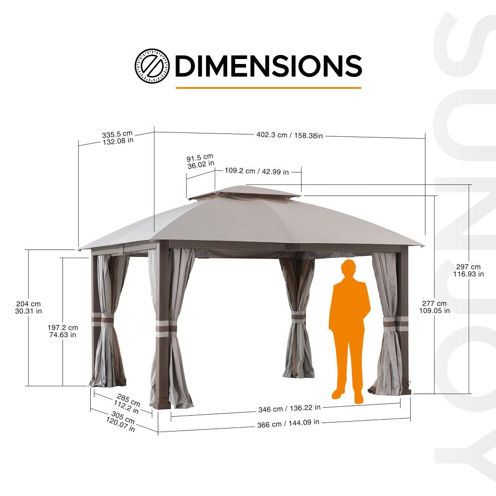 Mazonvintage Outdoor Patio Steel Frame 11x13 Gazebo 2-Tier Soft Top Gazebo with Netting and Curtains - Light Gray