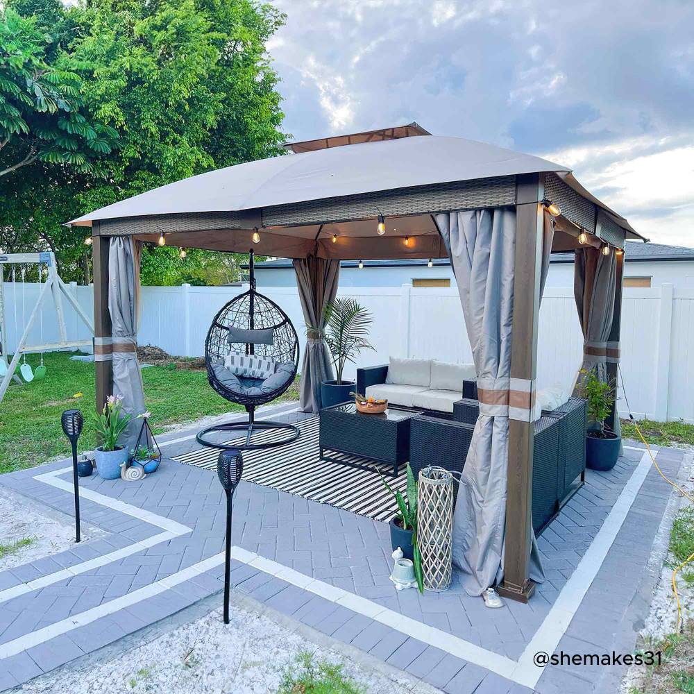 Mazonvintage Outdoor Patio Steel Frame 11x13 Gazebo 2-Tier Soft Top Gazebo with Netting and Curtains - Light Gray