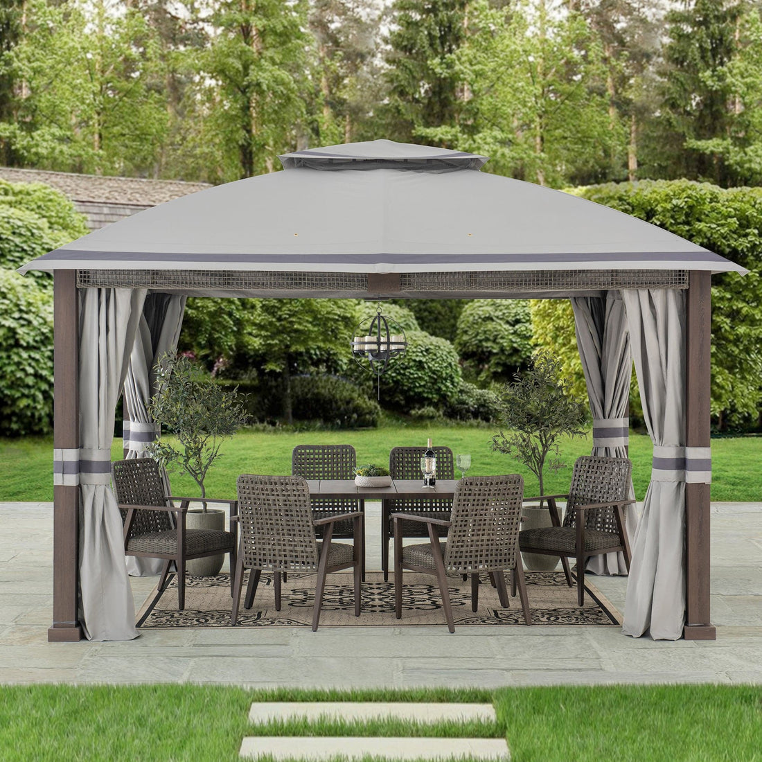 Mazonvintage Outdoor Patio Steel Frame 11x13 Gazebo 2-Tier Soft Top Gazebo with Netting and Curtains - Gray