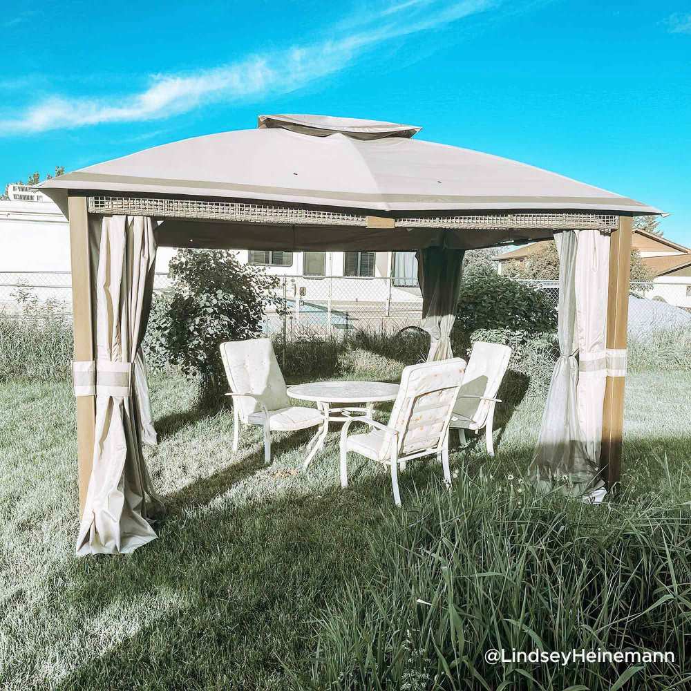 Mazonvintage Outdoor Patio Steel Frame 11x13 Gazebo 2-Tier Soft Top Gazebo with Netting and Curtains - Gray