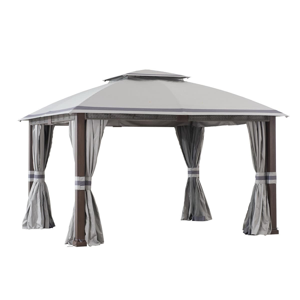Mazonvintage Outdoor Patio Steel Frame 11x13 Gazebo 2-Tier Soft Top Gazebo with Netting and Curtains - Gray