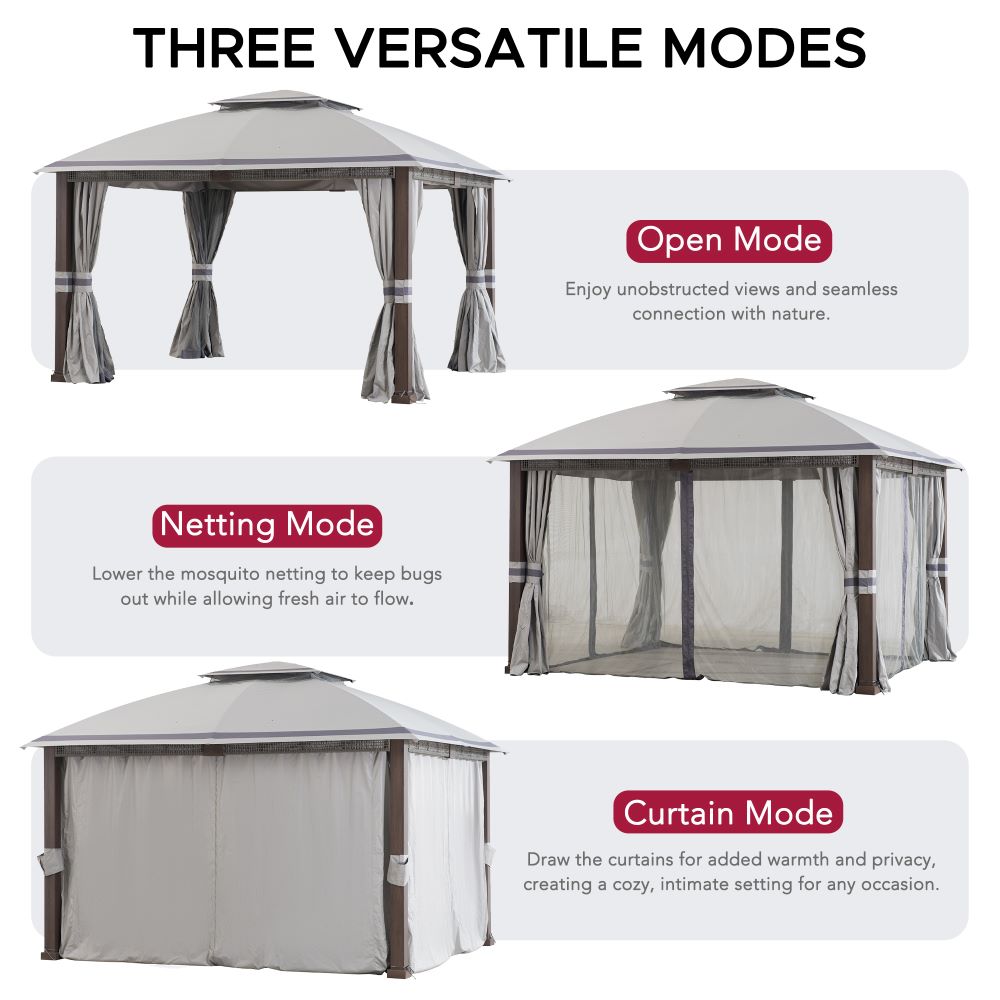 Mazonvintage Outdoor Patio Steel Frame 11x13 Gazebo 2-Tier Soft Top Gazebo with Netting and Curtains - Gray