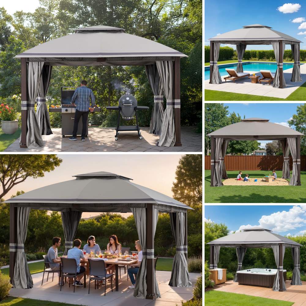 Mazonvintage Outdoor Patio Steel Frame 11x13 Gazebo 2-Tier Soft Top Gazebo with Netting and Curtains - Gray