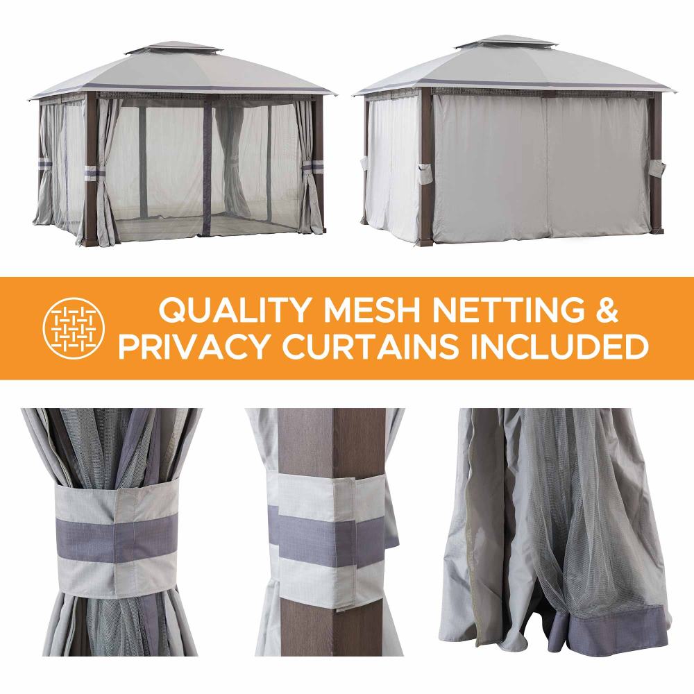 Mazonvintage Outdoor Patio Steel Frame 11x13 Gazebo 2-Tier Soft Top Gazebo with Netting and Curtains - Gray