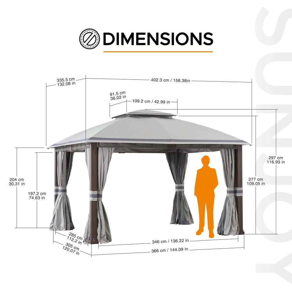 Mazonvintage Outdoor Patio Steel Frame 11x13 Gazebo 2-Tier Soft Top Gazebo with Netting and Curtains - Gray
