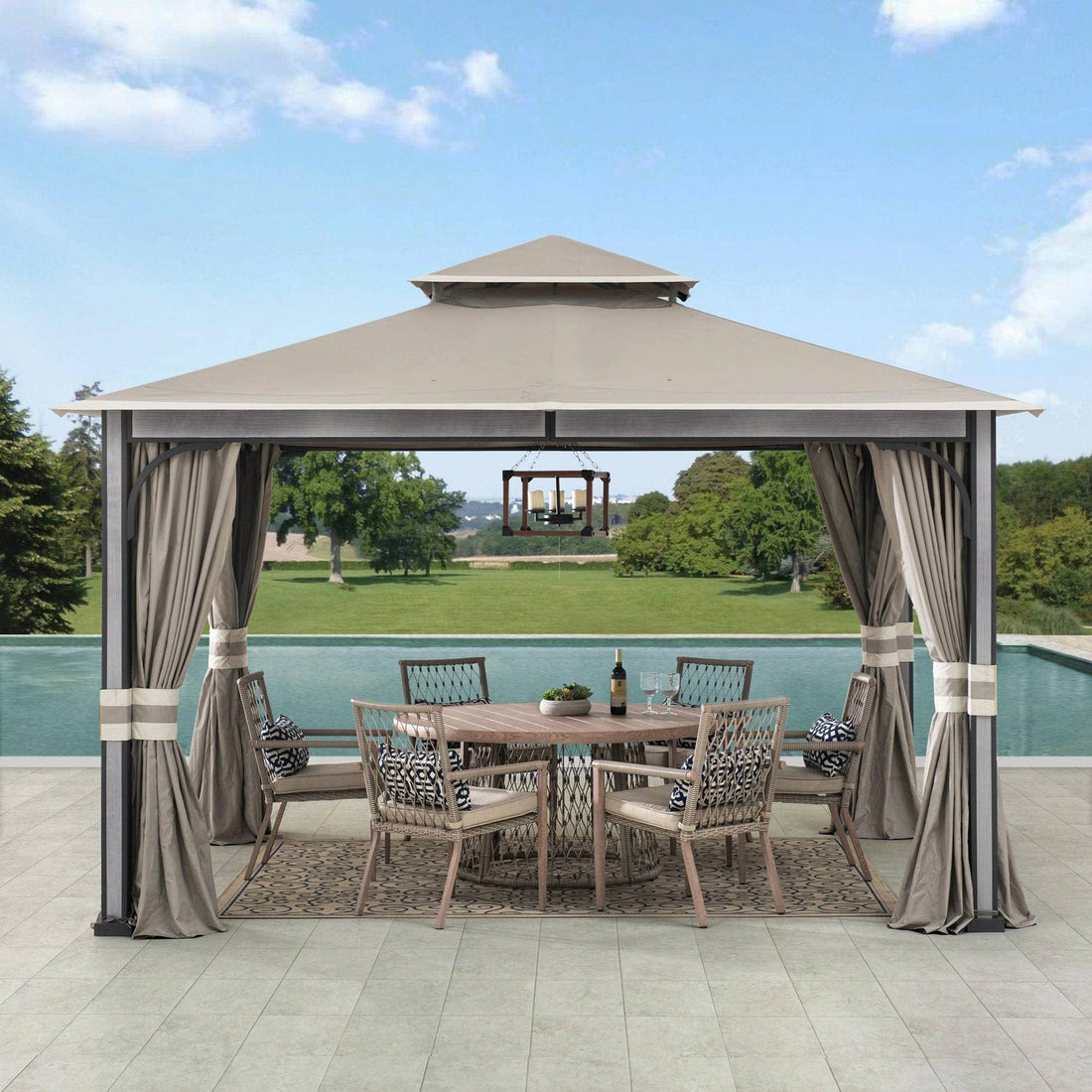 Mazonvintage 11x13 Soft Top Gazebo with Netting & Curtains, Patio Gazebo with 2-Tier Roof and Ceiling Hook - Light Gray