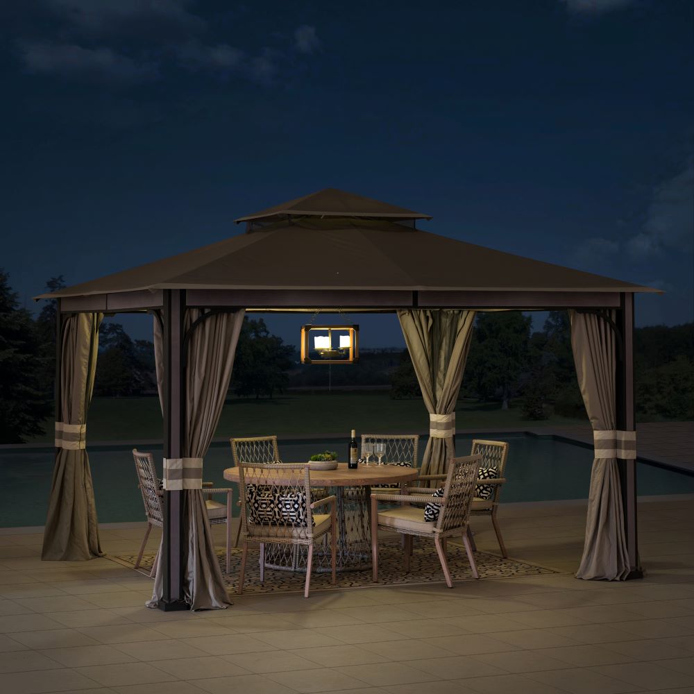 Mazonvintage 11x13 Soft Top Gazebo with Netting & Curtains, Patio Gazebo with 2-Tier Roof and Ceiling Hook - Light Gray