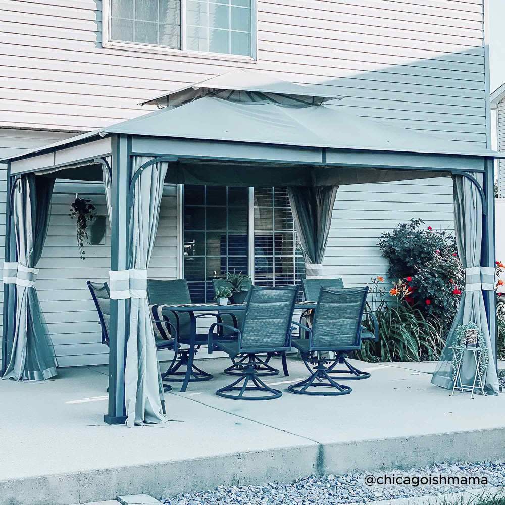 Mazonvintage 11x13 Soft Top Gazebo with Netting & Curtains, Patio Gazebo with 2-Tier Roof and Ceiling Hook - Light Gray