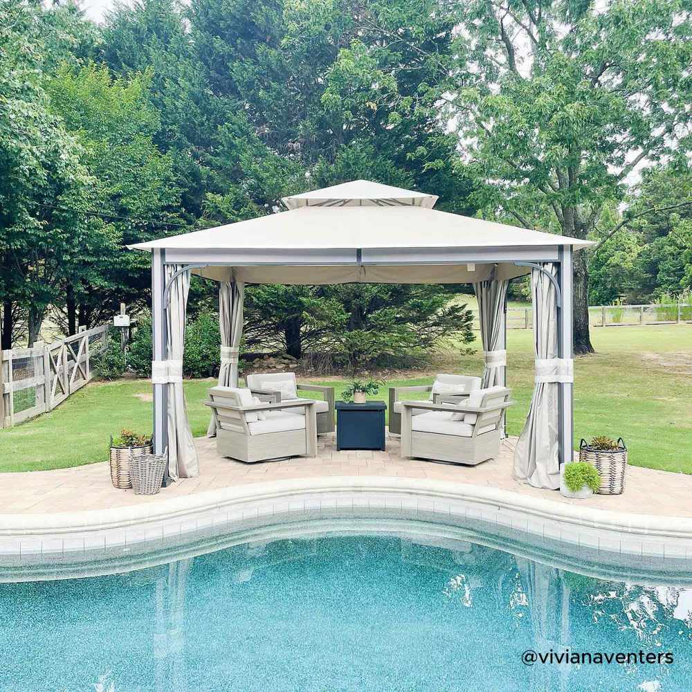 Mazonvintage 11x13 Soft Top Gazebo with Netting & Curtains, Patio Gazebo with 2-Tier Roof and Ceiling Hook - Light Gray
