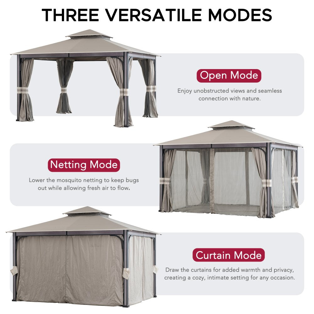 Mazonvintage 11x13 Soft Top Gazebo with Netting & Curtains, Patio Gazebo with 2-Tier Roof and Ceiling Hook - Light Gray