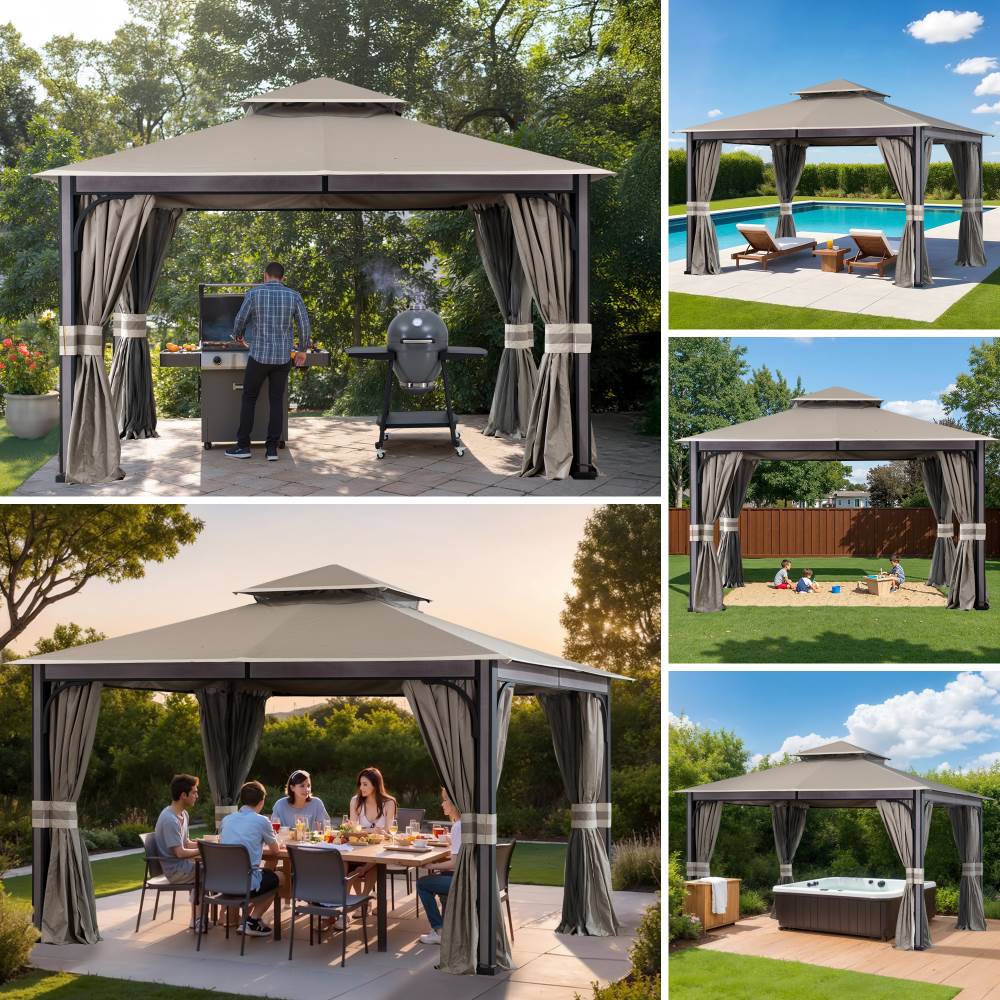 Mazonvintage 11x13 Soft Top Gazebo with Netting & Curtains, Patio Gazebo with 2-Tier Roof and Ceiling Hook - Light Gray