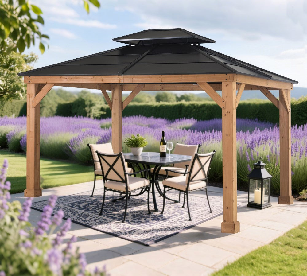 Mazonvintage 11x13 Cedar Hardtop Gazebo with Heavy-Duty Steel Roof & Ceiling Hook - Natural Cedar