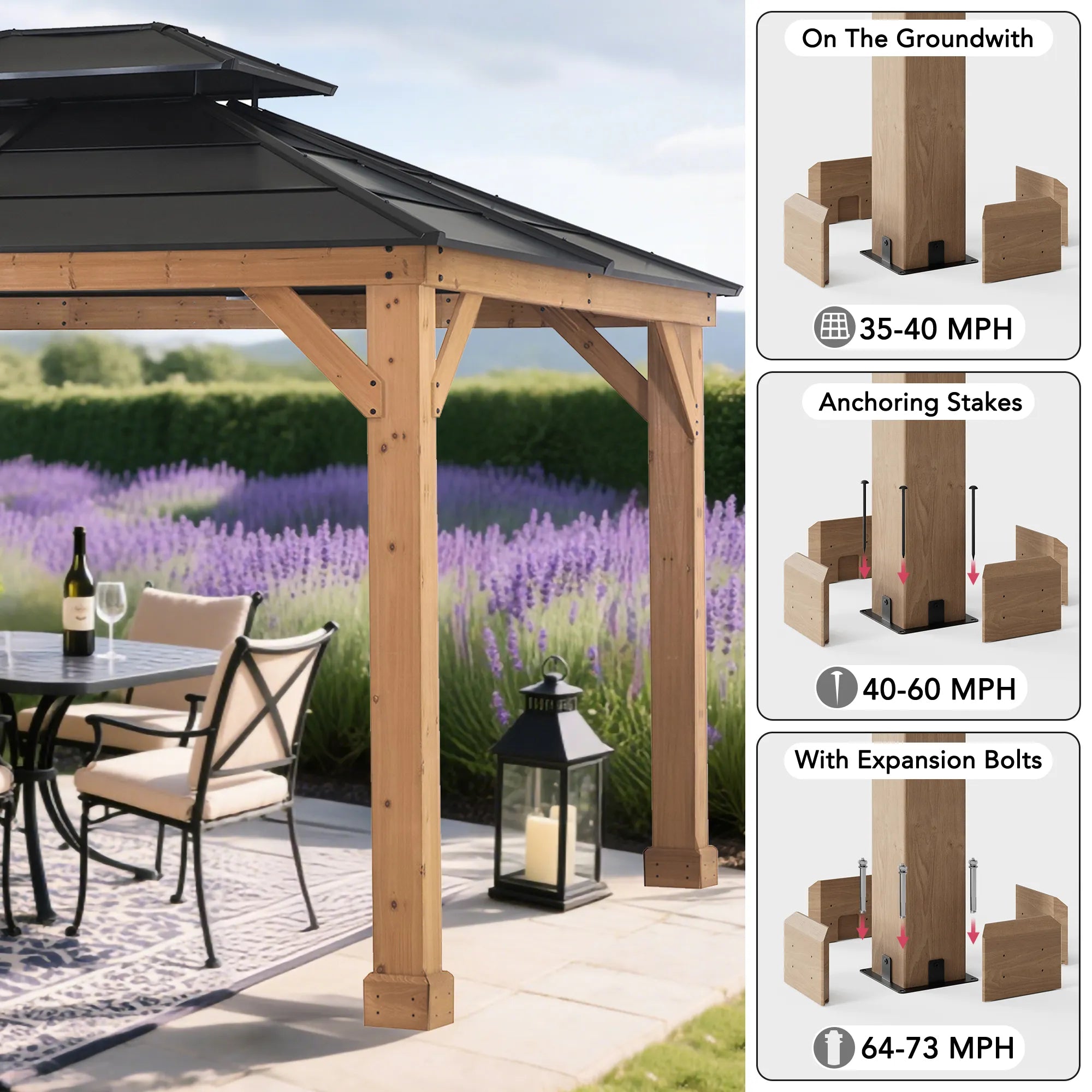 Mazonvintage 11x13 Cedar Hardtop Gazebo with Heavy-Duty Steel Roof & Ceiling Hook - Natural Cedar