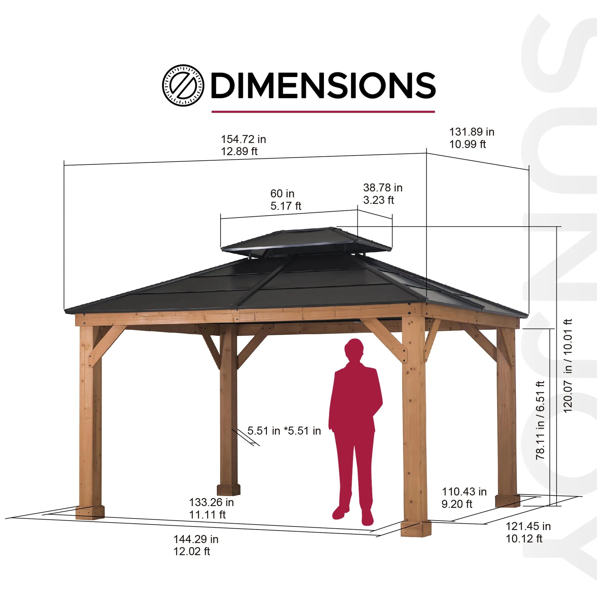 Mazonvintage 11x13 Cedar Hardtop Gazebo with Heavy-Duty Steel Roof & Ceiling Hook - Natural Cedar