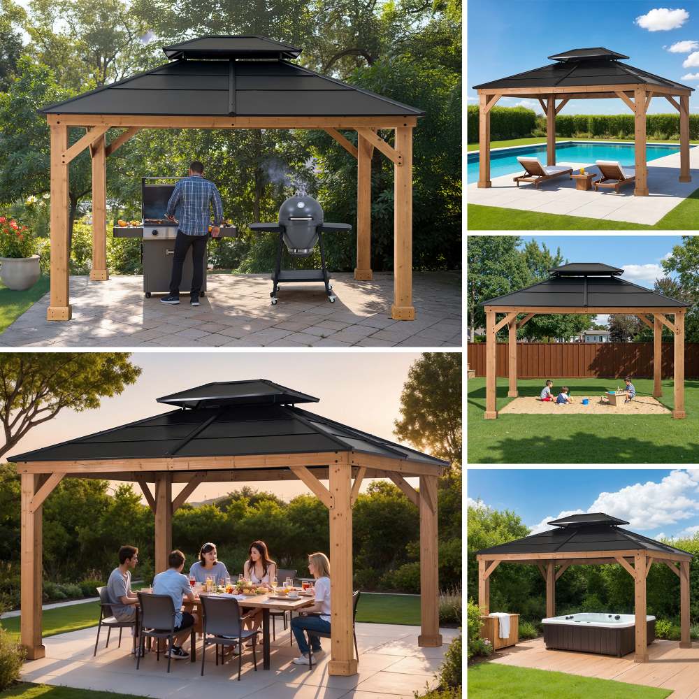 Mazonvintage 11x13 Cedar Hardtop Gazebo with Heavy-Duty Steel Roof & Ceiling Hook - Natural Cedar
